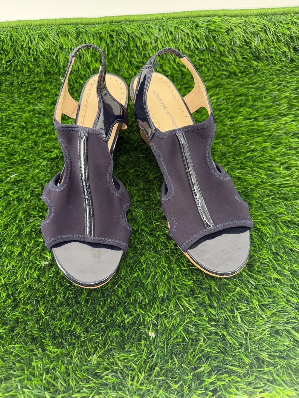 Adrienne Vittadini Collyn Navy Blue Cork Wedge Sandals Patent Trim 8M - Picture 2 of 8